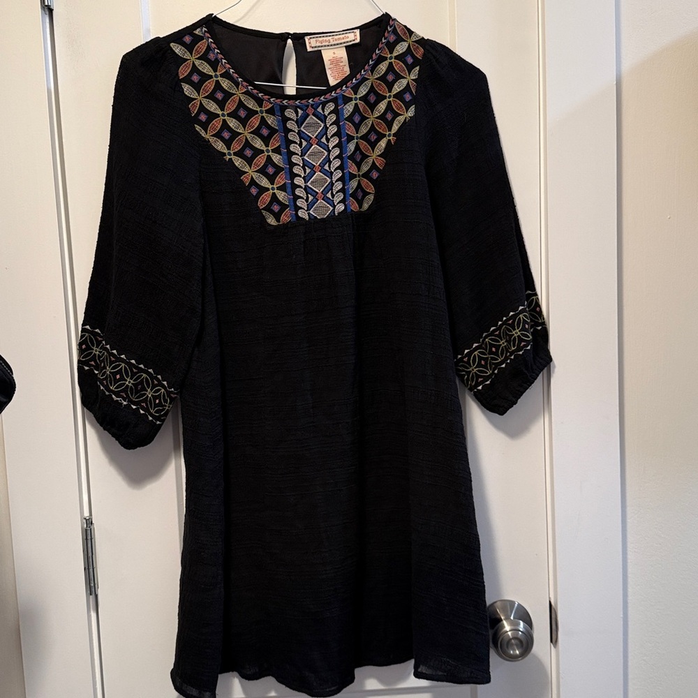 Flying Tomato Black Tunic with Colorful Embroidery